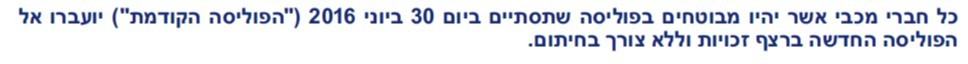 כל חברי מכבי אשר יהיו מבוטחים בפוליסה שתסתיים ביום 30 ביוני 2016 )"הפוליסה הקודמת"( יועברו אל הפוליסה החדשה ברצף זכויות וללא צורך בחיתום